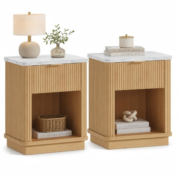 English Elm Nightstands Set of 2 Fluted Walnut-Tone with Marble Top Gold Handle and Open Shelf Natural W5271S00016
