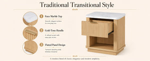 English Elm Nightstands Set of 2 Fluted Walnut-Tone with Marble Top Gold Handle and Open Shelf Natural W5271S00016