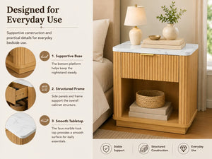 English Elm Nightstands Set of 2 Fluted Walnut-Tone with Marble Top Gold Handle and Open Shelf Natural W5271S00016