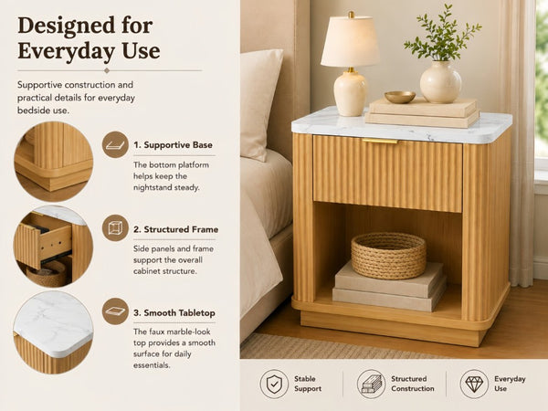 English Elm Nightstands Set of 2 Fluted Walnut-Tone with Marble Top Gold Handle and Open Shelf Natural W5271S00016