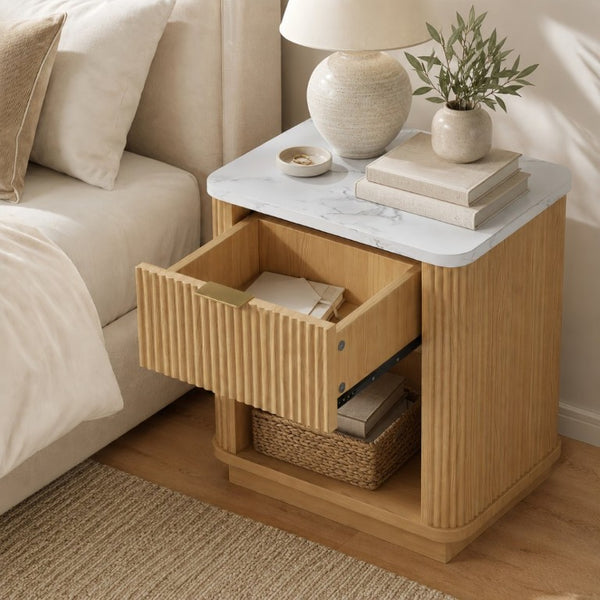 English Elm Nightstands Set of 2 Fluted Walnut-Tone with Marble Top Gold Handle and Open Shelf Natural W5271S00016