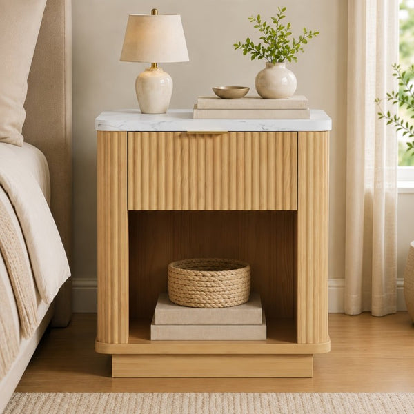 English Elm Nightstands Set of 2 Fluted Walnut-Tone with Marble Top Gold Handle and Open Shelf Natural W5271S00016