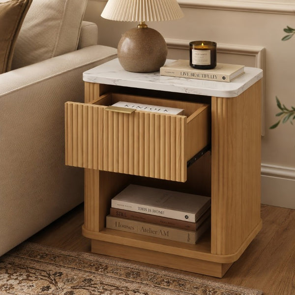 English Elm Nightstands Set of 2 Fluted Walnut-Tone with Marble Top Gold Handle and Open Shelf Natural W5271S00016