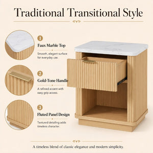 English Elm Nightstands Set of 2 Fluted Walnut-Tone with Marble Top Gold Handle and Open Shelf Natural W5271S00016