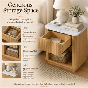 English Elm Nightstands Set of 2 Fluted Walnut-Tone with Marble Top Gold Handle and Open Shelf Natural W5271S00016