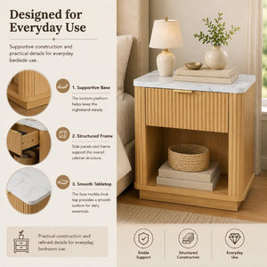 English Elm Nightstands Set of 2 Fluted Walnut-Tone with Marble Top Gold Handle and Open Shelf Natural W5271S00016