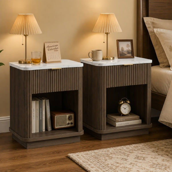 English Elm Nightstands Set of 2 Fluted Walnut-Tone with Marble Top Gold Handle and Open Shelf Walnut W5271S00017