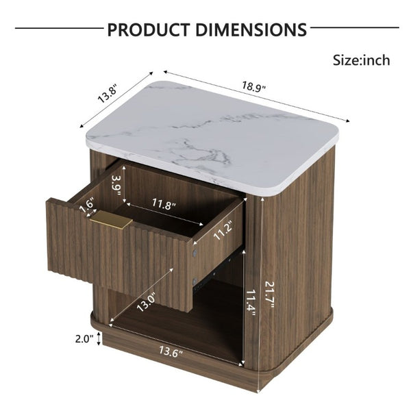 English Elm Nightstands Set of 2 Fluted Walnut-Tone with Marble Top Gold Handle and Open Shelf Walnut W5271S00017
