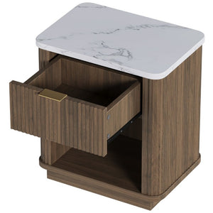 English Elm Nightstands Set of 2 Fluted Walnut-Tone with Marble Top Gold Handle and Open Shelf Walnut W5271S00017