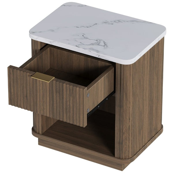 English Elm Nightstands Set of 2 Fluted Walnut-Tone with Marble Top Gold Handle and Open Shelf Walnut W5271S00017