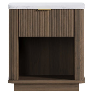 English Elm Nightstands Set of 2 Fluted Walnut-Tone with Marble Top Gold Handle and Open Shelf Walnut W5271S00017