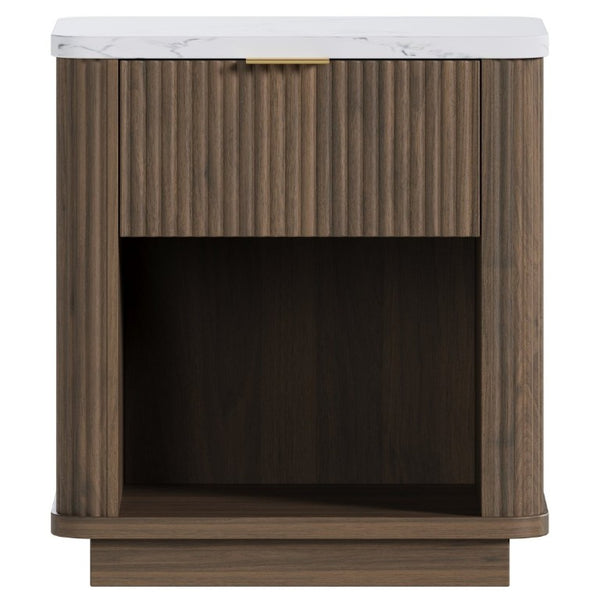 English Elm Nightstands Set of 2 Fluted Walnut-Tone with Marble Top Gold Handle and Open Shelf Walnut W5271S00017