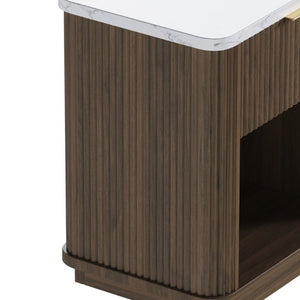 English Elm Nightstands Set of 2 Fluted Walnut-Tone with Marble Top Gold Handle and Open Shelf Walnut W5271S00017