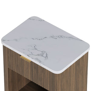 English Elm Nightstands Set of 2 Fluted Walnut-Tone with Marble Top Gold Handle and Open Shelf Walnut W5271S00017