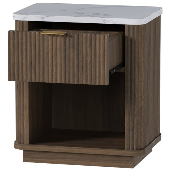 English Elm Nightstands Set of 2 Fluted Walnut-Tone with Marble Top Gold Handle and Open Shelf Walnut W5271S00017