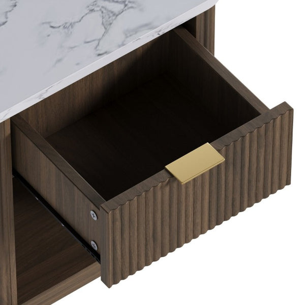 English Elm Nightstands Set of 2 Fluted Walnut-Tone with Marble Top Gold Handle and Open Shelf Walnut W5271S00017
