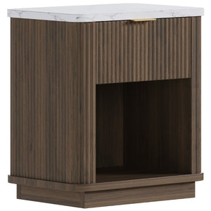English Elm Nightstands Set of 2 Fluted Walnut-Tone with Marble Top Gold Handle and Open Shelf Walnut W5271S00017
