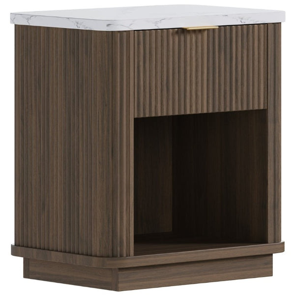 English Elm Nightstands Set of 2 Fluted Walnut-Tone with Marble Top Gold Handle and Open Shelf Walnut W5271S00017