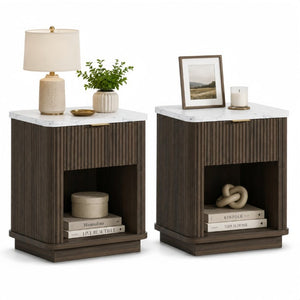English Elm Nightstands Set of 2 Fluted Walnut-Tone with Marble Top Gold Handle and Open Shelf Walnut W5271S00017