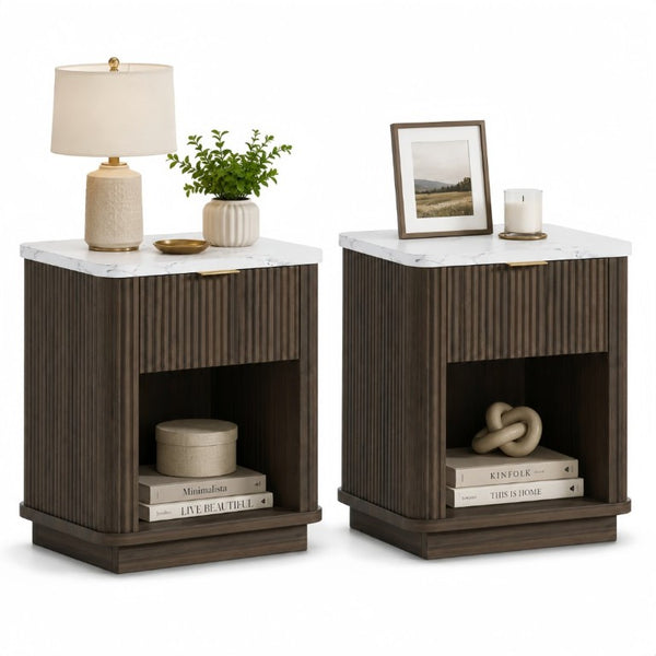 English Elm Nightstands Set of 2 Fluted Walnut-Tone with Marble Top Gold Handle and Open Shelf Walnut W5271S00017