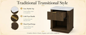 English Elm Nightstands Set of 2 Fluted Walnut-Tone with Marble Top Gold Handle and Open Shelf Walnut W5271S00017
