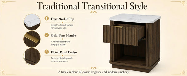 English Elm Nightstands Set of 2 Fluted Walnut-Tone with Marble Top Gold Handle and Open Shelf Walnut W5271S00017