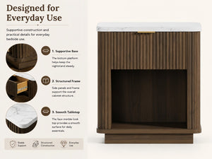 English Elm Nightstands Set of 2 Fluted Walnut-Tone with Marble Top Gold Handle and Open Shelf Walnut W5271S00017