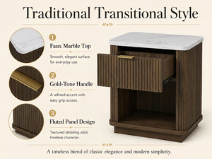 English Elm Nightstands Set of 2 Fluted Walnut-Tone with Marble Top Gold Handle and Open Shelf Walnut W5271S00017
