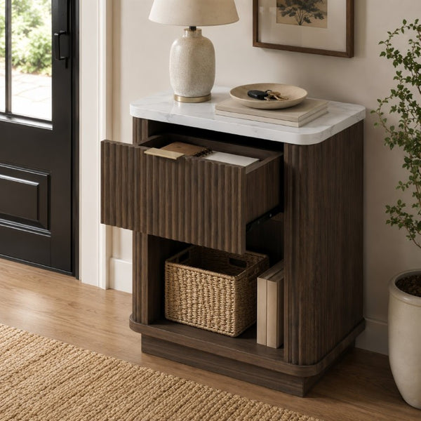 English Elm Nightstands Set of 2 Fluted Walnut-Tone with Marble Top Gold Handle and Open Shelf Walnut W5271S00017