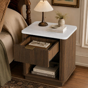 English Elm Nightstands Set of 2 Fluted Walnut-Tone with Marble Top Gold Handle and Open Shelf Walnut W5271S00017