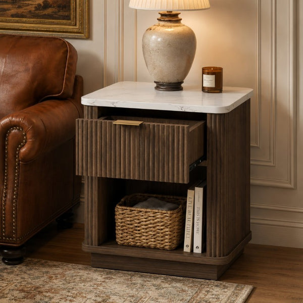English Elm Nightstands Set of 2 Fluted Walnut-Tone with Marble Top Gold Handle and Open Shelf Walnut W5271S00017