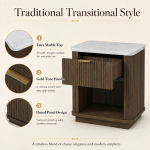 English Elm Nightstands Set of 2 Fluted Walnut-Tone with Marble Top Gold Handle and Open Shelf Walnut W5271S00017