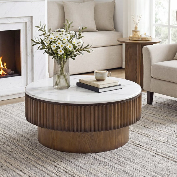 English Elm 31.49 Round Lift Top Coffee Table Fluted Wood Base Marble Finish Hidden Storage W5278P458251