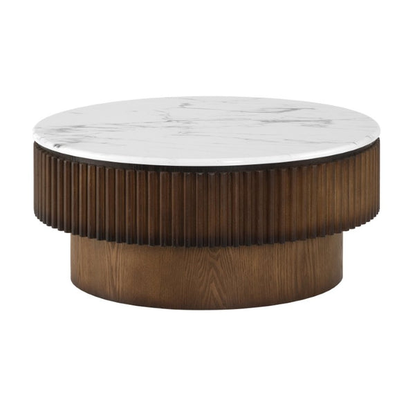 English Elm 31.49 Round Lift Top Coffee Table Fluted Wood Base Marble Finish Hidden Storage W5278P458251