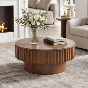 English Elm 31.5 Inch Fluted Drum Round Coffee Table Solid Wood Hidden Storage Walnut Living Room W5278P529258