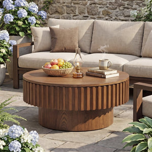 English Elm 31.5 Inch Fluted Drum Round Coffee Table Solid Wood Hidden Storage Walnut Living Room W5278P529258