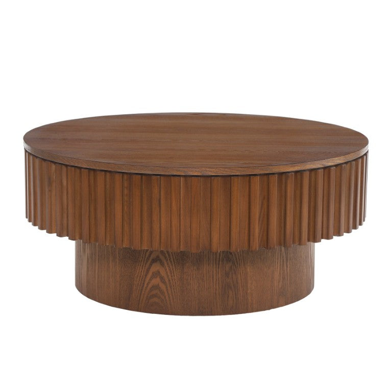 English Elm 31.5 Inch Fluted Drum Round Coffee Table Solid Wood Hidden Storage Walnut Living Room W5278P529258