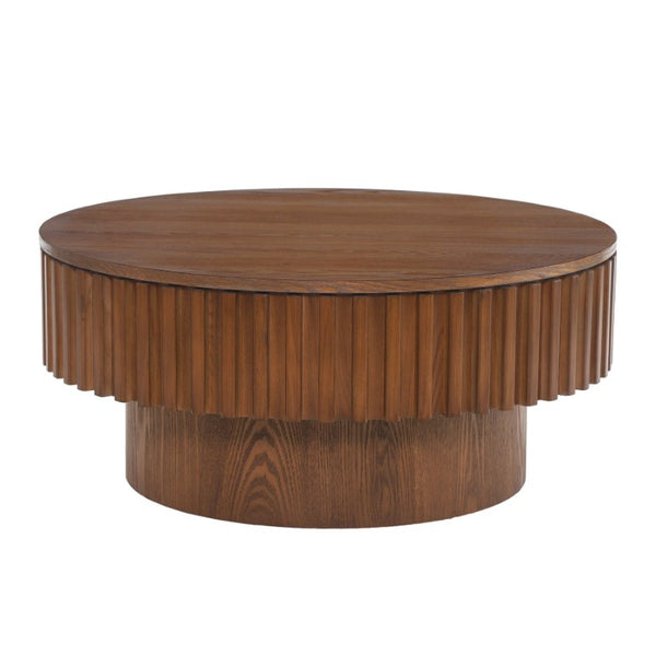 English Elm 31.5 Inch Fluted Drum Round Coffee Table Solid Wood Hidden Storage Walnut Living Room W5278P529258