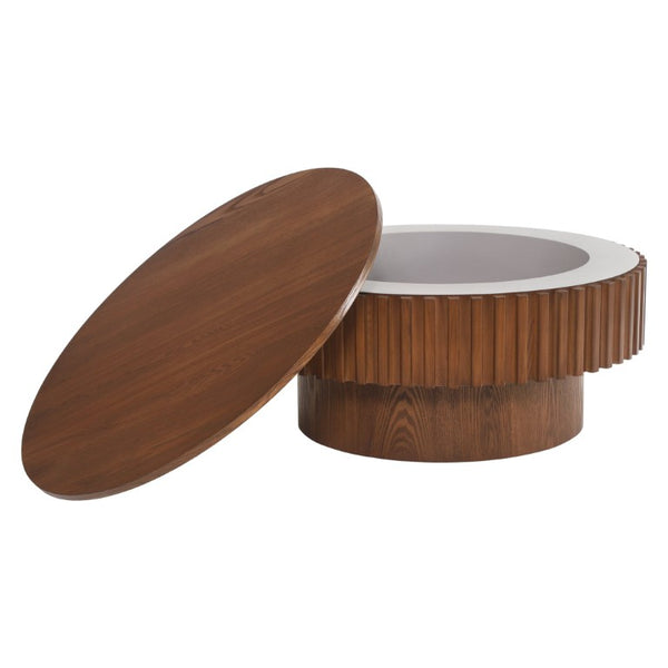 English Elm 31.5 Inch Fluted Drum Round Coffee Table Solid Wood Hidden Storage Walnut Living Room W5278P529258
