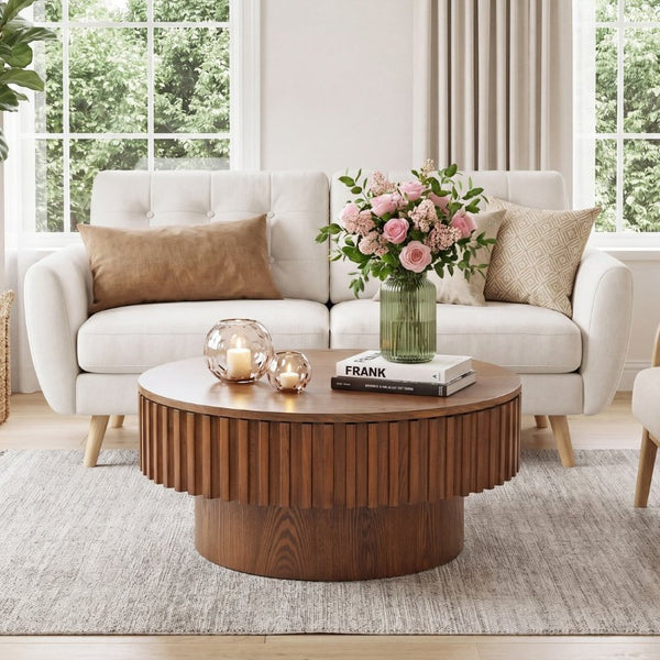 English Elm 31.5 Inch Fluted Drum Round Coffee Table Solid Wood Hidden Storage Walnut Living Room W5278P529258