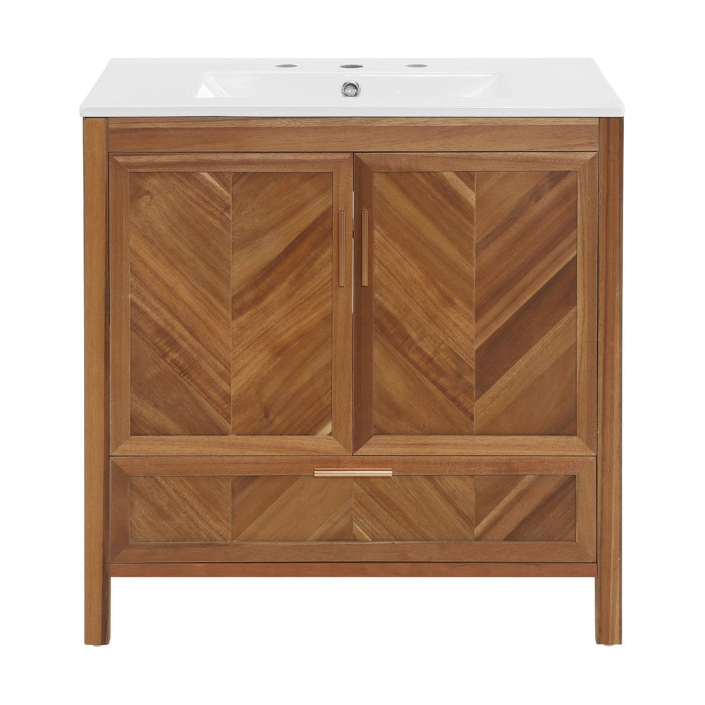 English Elm 30 Inch Farmhouse Bathroom Vanity Acacia Herringbone Cabinet with Ceramic Sink Top W5278S00005