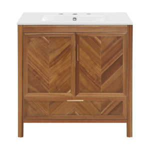English Elm 30 Inch Farmhouse Bathroom Vanity Acacia Herringbone Cabinet with Ceramic Sink Top W5278S00005