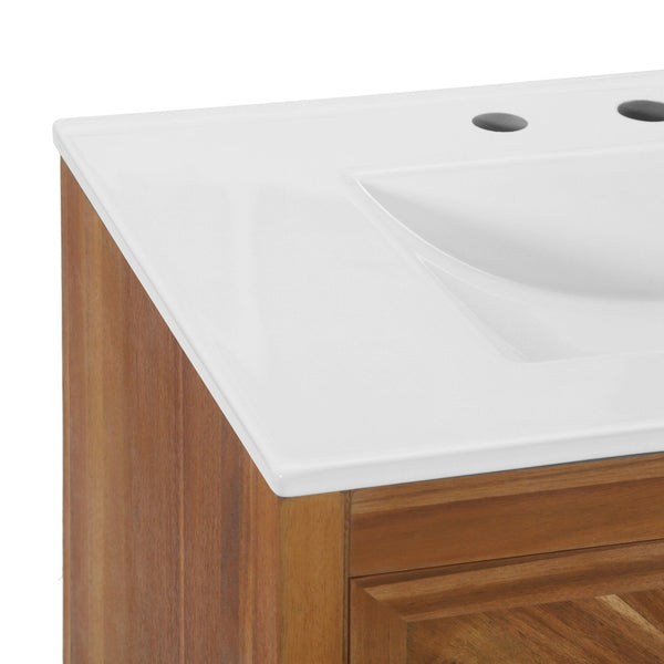 English Elm 30 Inch Farmhouse Bathroom Vanity Acacia Herringbone Cabinet with Ceramic Sink Top W5278S00005