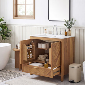 English Elm 30 Inch Farmhouse Bathroom Vanity Acacia Herringbone Cabinet with Ceramic Sink Top W5278S00005