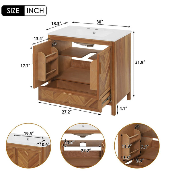 English Elm 30 Inch Farmhouse Bathroom Vanity Acacia Herringbone Cabinet with Ceramic Sink Top W5278S00005
