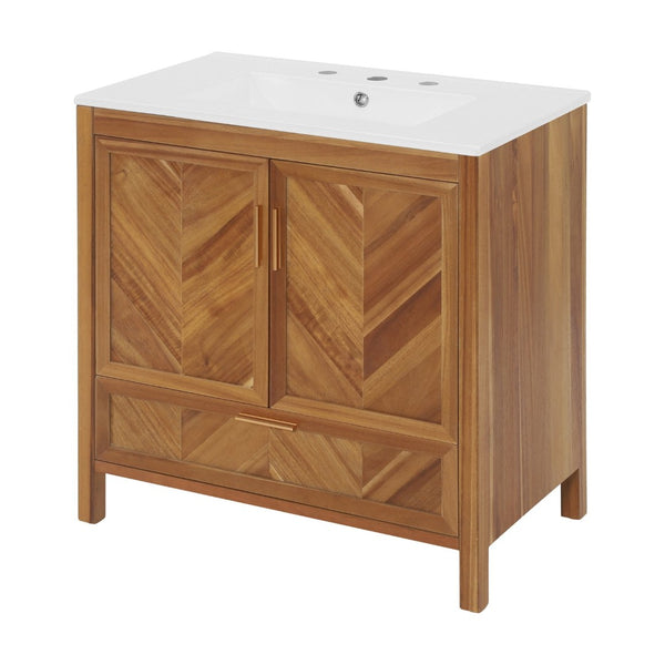English Elm 30 Inch Farmhouse Bathroom Vanity Acacia Herringbone Cabinet with Ceramic Sink Top W5278S00005