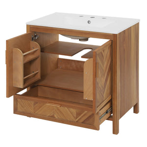 English Elm 30 Inch Farmhouse Bathroom Vanity Acacia Herringbone Cabinet with Ceramic Sink Top W5278S00005