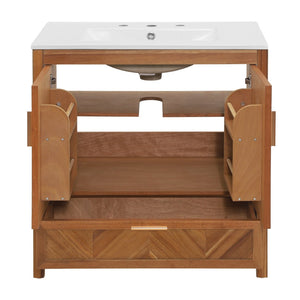 English Elm 30 Inch Farmhouse Bathroom Vanity Acacia Herringbone Cabinet with Ceramic Sink Top W5278S00005