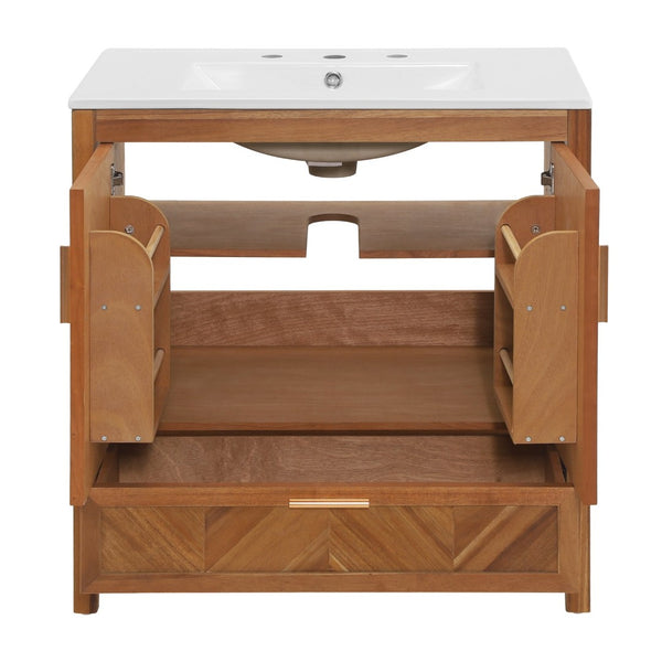 English Elm 30 Inch Farmhouse Bathroom Vanity Acacia Herringbone Cabinet with Ceramic Sink Top W5278S00005