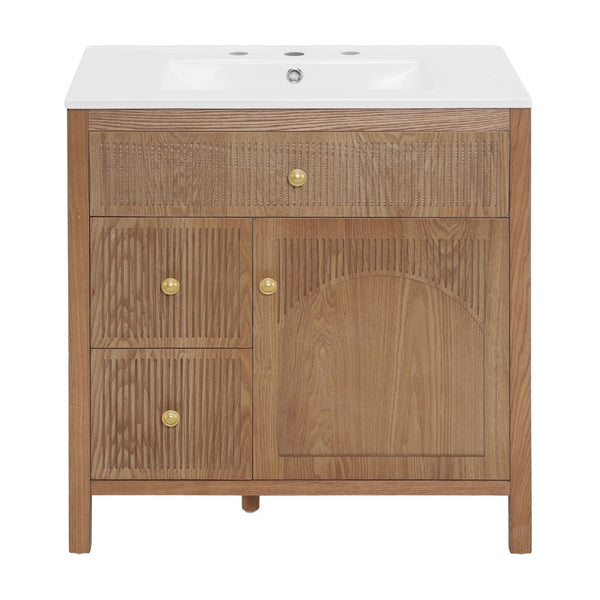 English Elm 30 Inch Acacia Herringbone Freestanding Vanity with Ceramic Sink Soft Close Storage W5278S00006
